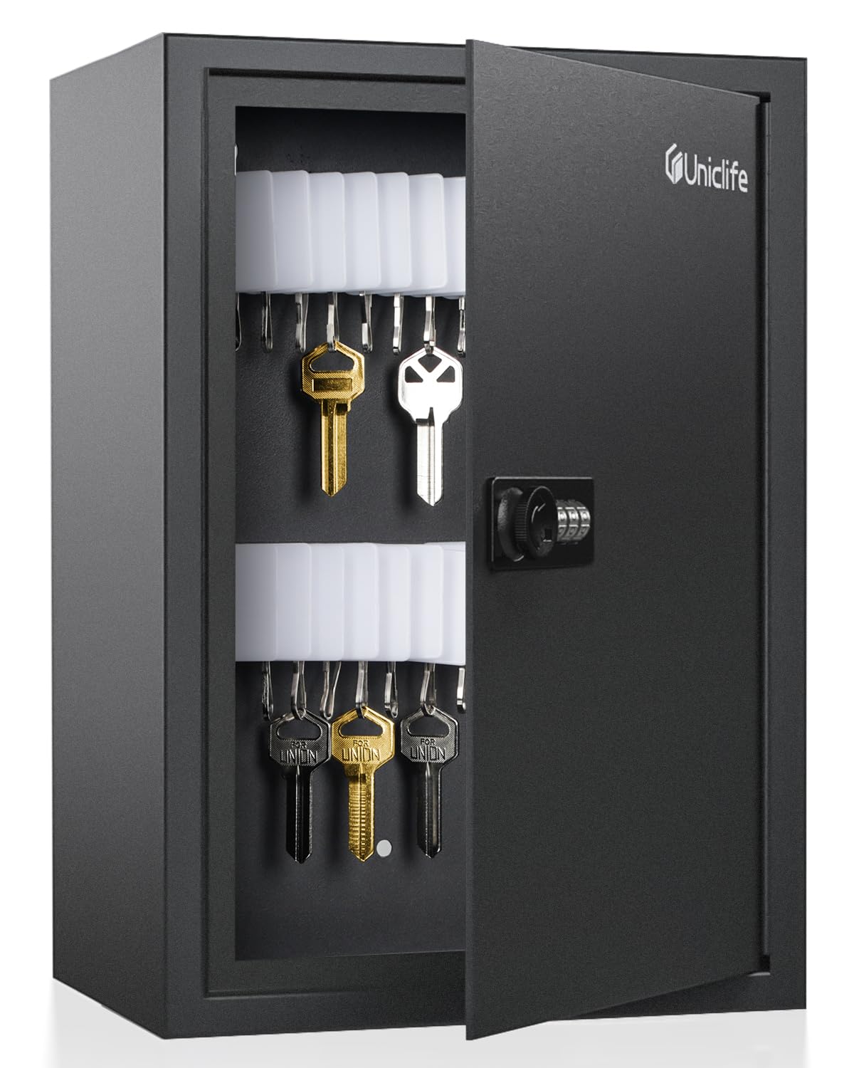 Uniclife 40 Position Slotted Key Cabinet with Combination Lock Resettable Black Digital Security Storage Box Steel Key Organizer with Slotted Racks White Key Tag Labels and Permanent Pen — image 1