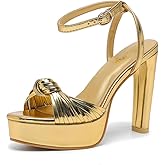 Amoji Women's Block Heels 4 Inch Platform Braid Knot Ankle Strap Lady Heeled Sandals FZ319