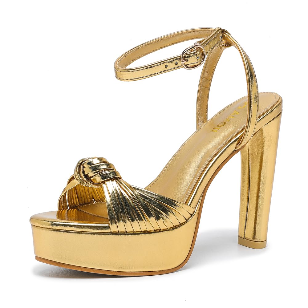 Photo 1 of Amoji Women's 4 Inch Platform Chunky Heels Ankle Strap Women Dressy Heeled Sandals 319 Gold 10 women
