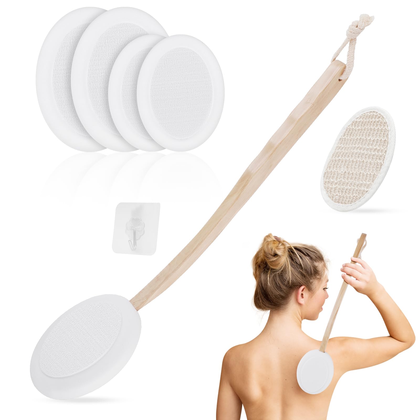 LOPHE Back Cream Applicator - 7 Pack Long Handled Lotion Applicator for Self-Applying, 2 in 1 Body Brush with 4 Pads, Bath Brush and Hook (White)