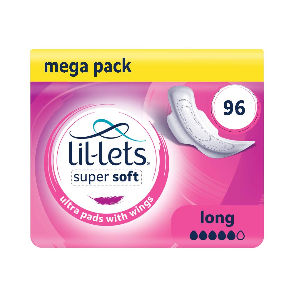 Lil-Lets Super Soft Ultra Thin Period Pads-96 Count, Long Absorbency, with Wings, (Packs of 8) 12 Pads-Bulk Pack, Medium to Heavy Period Flow, Unscented and Chlorine Free, Super Sanitary Towels