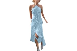 HGps8w Women's Ruffle Halter Chiffon Maxi Dress, Elegant Summer Sleeveless Cocktail Party Formal Wedding Guest Dresses