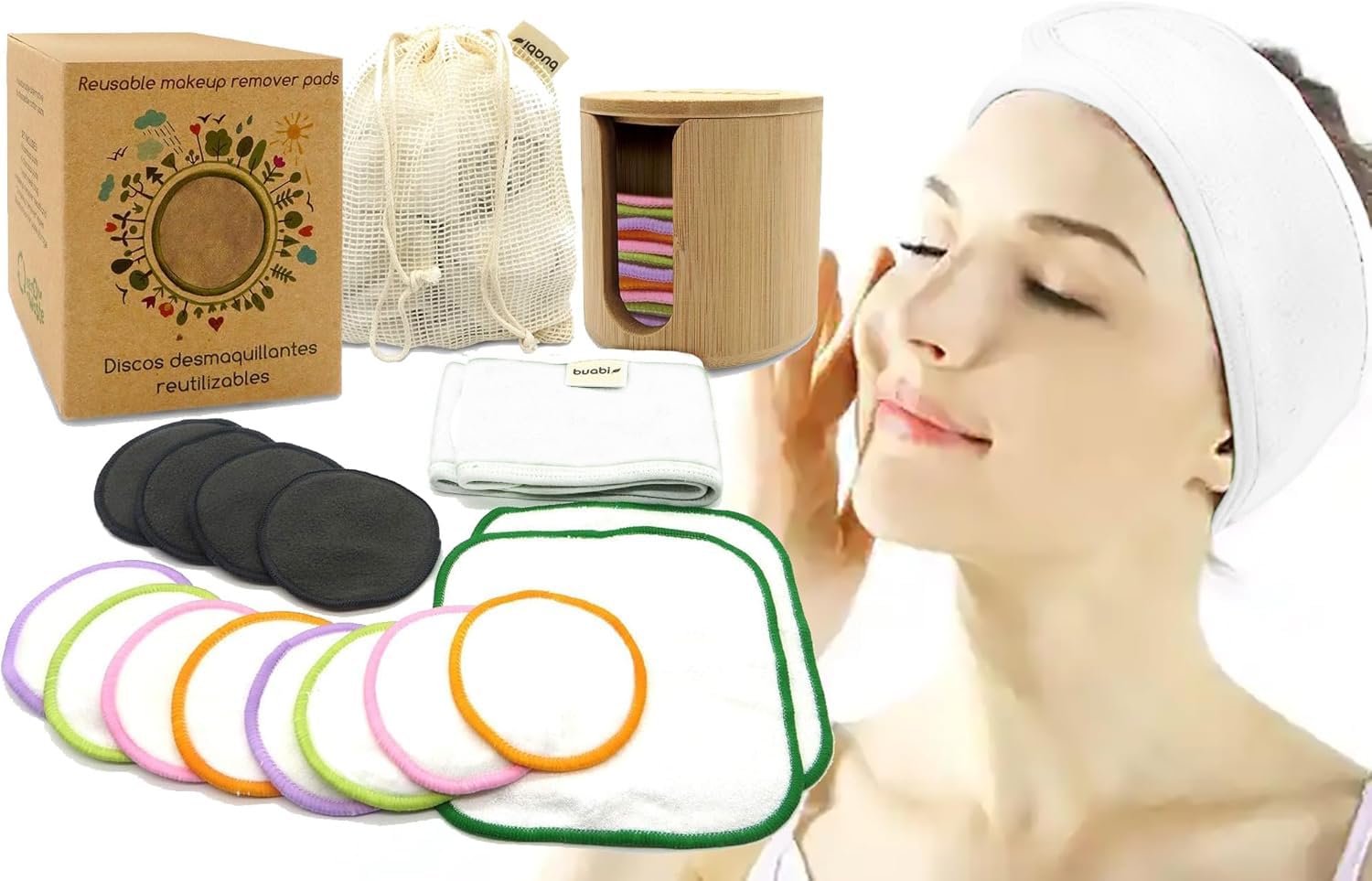 Reusable Eco-Friendly Makeup Remover Discs Large Soft Washable Gift Box with Bamboo Discs, Wipes, Headband and Wash Bag