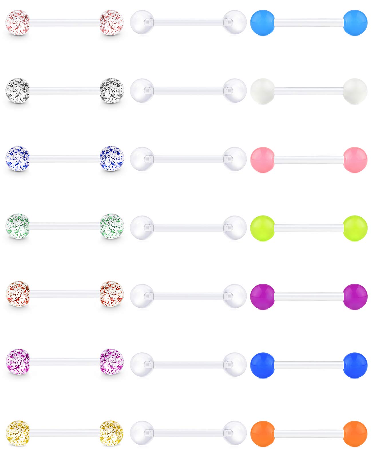 VCMART 21pcs Plastic Tongue Nipple Rings Bars Set 14G Flexible Bioflex Acrylic Piercing Retainers 12/14/16/18mm