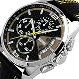 YISUYA Military Men's Leather Strap Waterproof Sports Chronograph Quartz Watch with Date Wrist Watches
