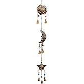 Mie Creations Sun Moon Star Face Wall Hanging Décor Chime Bells | Metal Cutouts Ornaments, Crescent Moon Phases Garland Art | Celestial, Earthy Decorations | Wicca Pagan Christmas Décor -Antique Gold