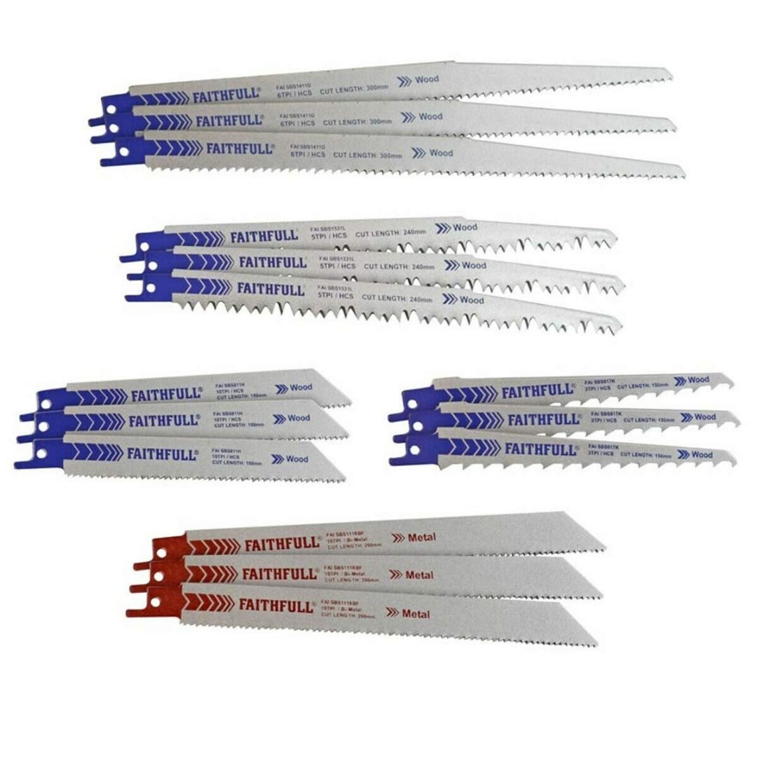 Faithfull FAISBSSET15M Reciprocating Sabre Saw Blade Set - 15 Piece. For Wood and Metal