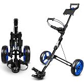SereneLife Foldable 2-Wheel Golf Push Cart, Lightweight Aluminum Pull Trolley with Upper &amp; Lower Brackets, Elastic Strap, Adjustable Padded Handle, Quick Brake for Golf Course, 33 Lbs Capacity