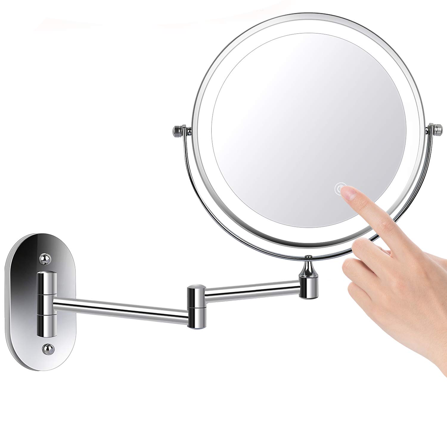 ZEPHBRA 8" LED Wall Mounted Makeup Mirror Touch Screen Adjustable Light Double Sided 1X/5X Magnifying Vanity Mirror Swivel Extendable for Bathroom Hotels Powered by Batteries (Not Included) (Silver): Beauty