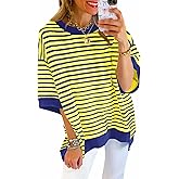 Tankaneo Womens Oversized T Shirts Striped Color Block Cotton Tops Summer Casual Half Sleeve Loose Fit Crewneck Sweatshirts