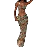 WDIRARA Women's 3 Piece Graphic Bikini Set Pearl Beaded Halter Thong Swimsuit with Cover Up Skirts