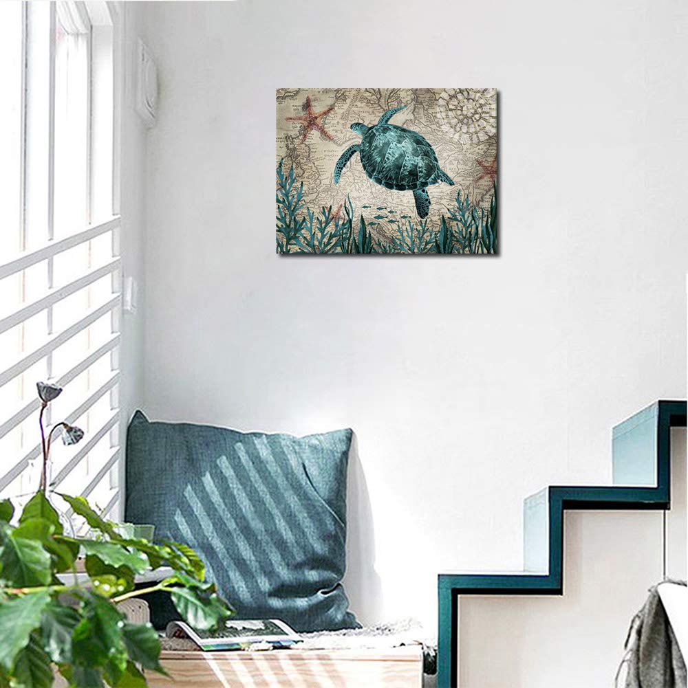 Sea Turtle Canvas Wall Art for Bathroom Decor Green Turtle Painting Pictures Ocean Nautical Canvas Artwork for Living Room Bedroom Office Kitchen Kids Room Decoration 12\