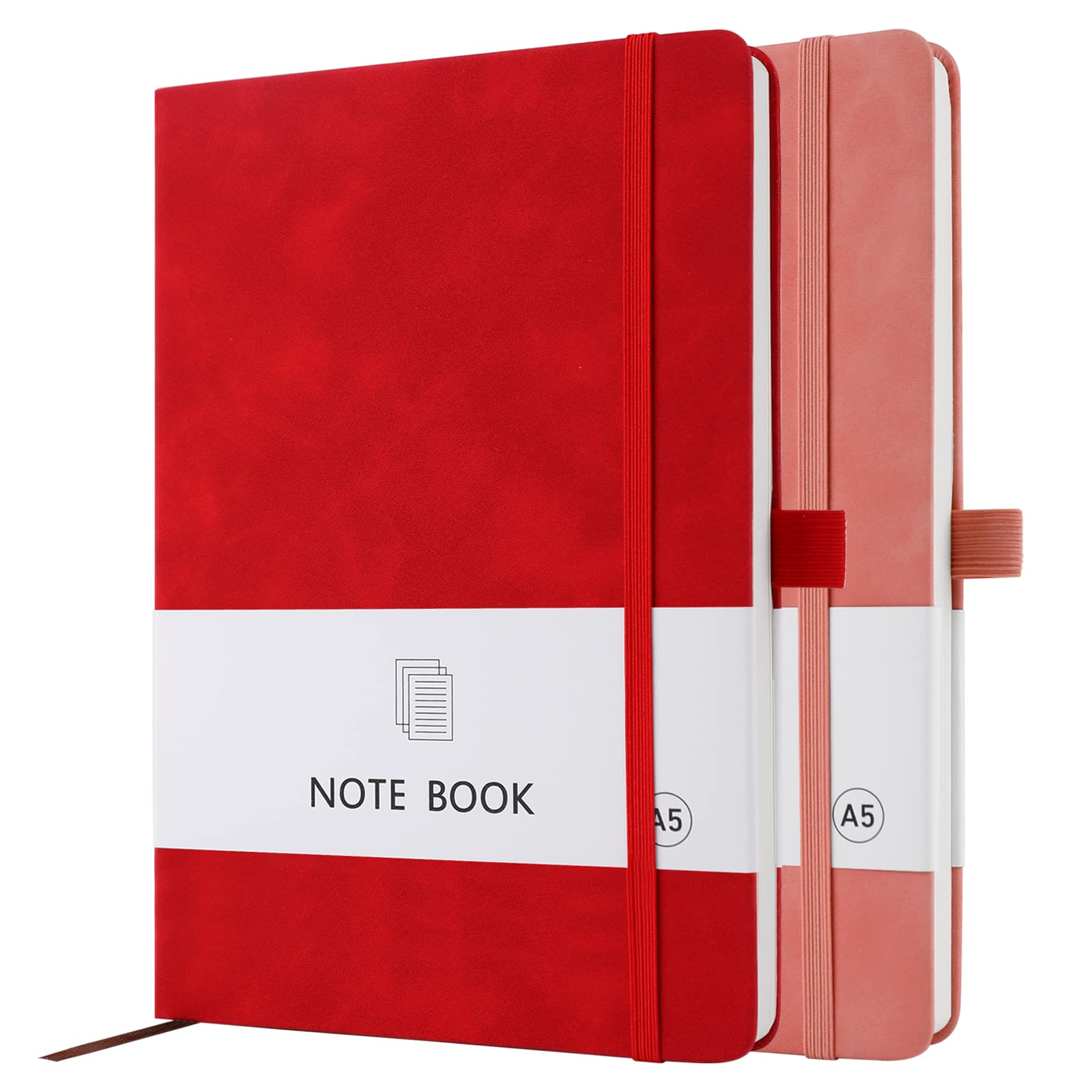 A5 Notebook, 2 Pack Notebook A5 200 Pages 100 GSM Journal Notebook Hardback Notepad with Bookmark, Pen Loop, and Elastic Closure (Red +Pink)