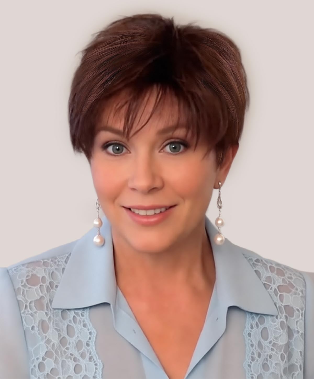 Photo 1 of SEVENCOLORS Short Mixed Brown Wigs for White Women Natural Layered Straight Short Hair Wig Synthetic Pixie Cut Wigs with Bangs