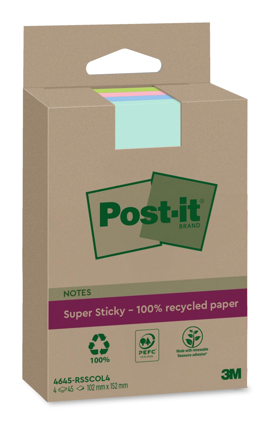Post-it Super Sticky 100% Recycled Notes XXL, Assorted Colors, Lined - Pack of 4 Pads, 45 Sheets per Pad, 102 mm x 152 mm - Extra Sticky Notes Made from 100% Recycled Paper
