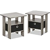 Furinno Andrey Set of 2 End Table / Side Table / Night Stand / Bedside Table with Bin Drawer, French Oak Grey