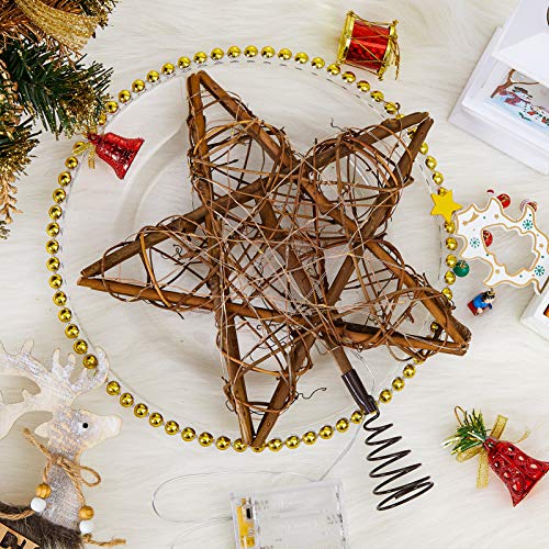 Rattan Christmas Tree Topper with Lights, Prelit Christmas Star