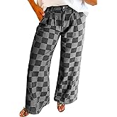 yoeasy Women's Wide Leg Jeans Checkered High Waisted Straight Leg Baggy Loose Stretch Plaid Casual Denim Pants