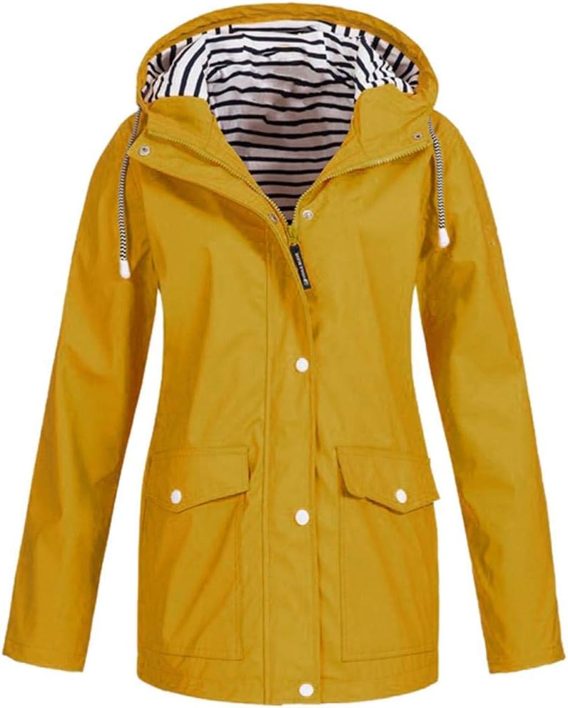 HGWXX7 Clearance!!! Women Solid Rain Jacket Outdoor Plus Size Coats Waterproof Hooded Raincoat Windproof