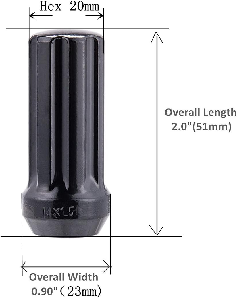 ZY Wheel 14mm x 1.5 Thread Size 51mm Long Set of 24pcs Small Diameter 7 Spline Drive Black Lug Nuts Closed End with 2 Keys: Industrial & Scientific