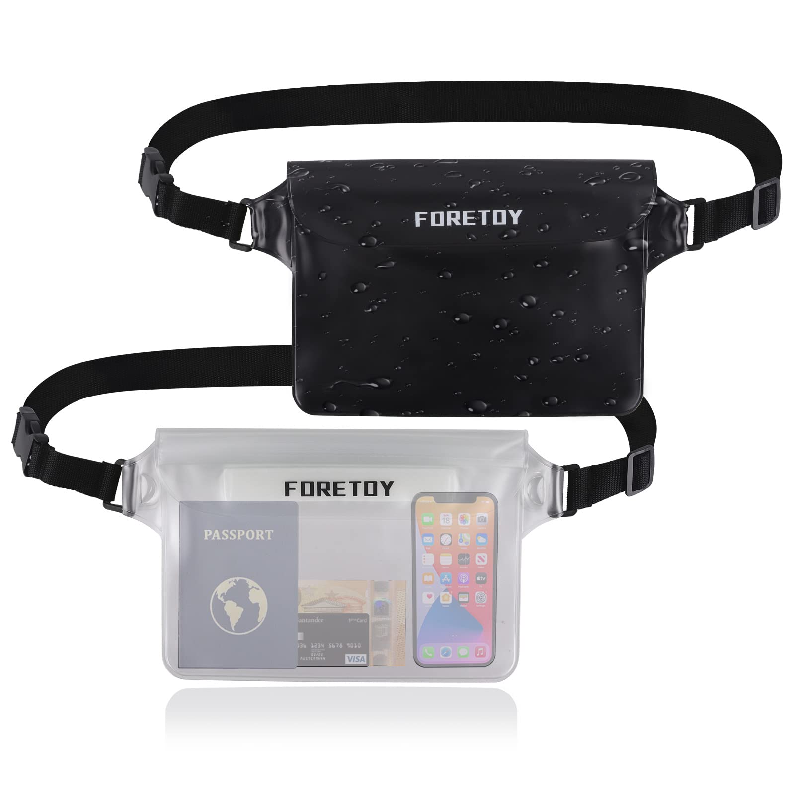 FORETOY Waterproof Pouch Bag, Waterproof Fanny Pack, Waterproof Bum Bag with IP68 Waterproof Mobile Phone Case for Water Sports, Beach, Swimming, Climbing, Transparent, 2 Pieces