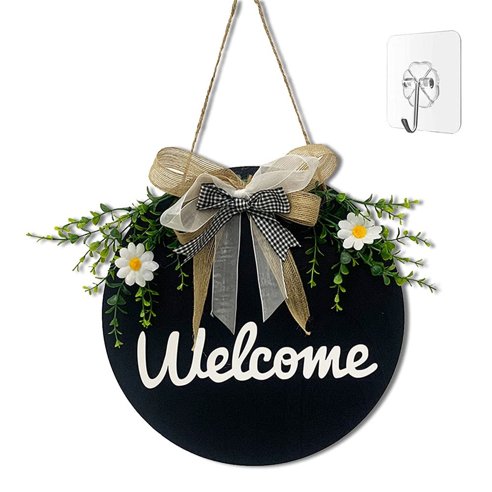 MORROWCAMP Welcome Sign for Front Door, Wooden Outdoor Porch Decor, Farmhouse Sign for Spring Daisy Welcome Wreaths, Round Welcome Door Sign Hanging with a Hook for Home House Wall Decorations