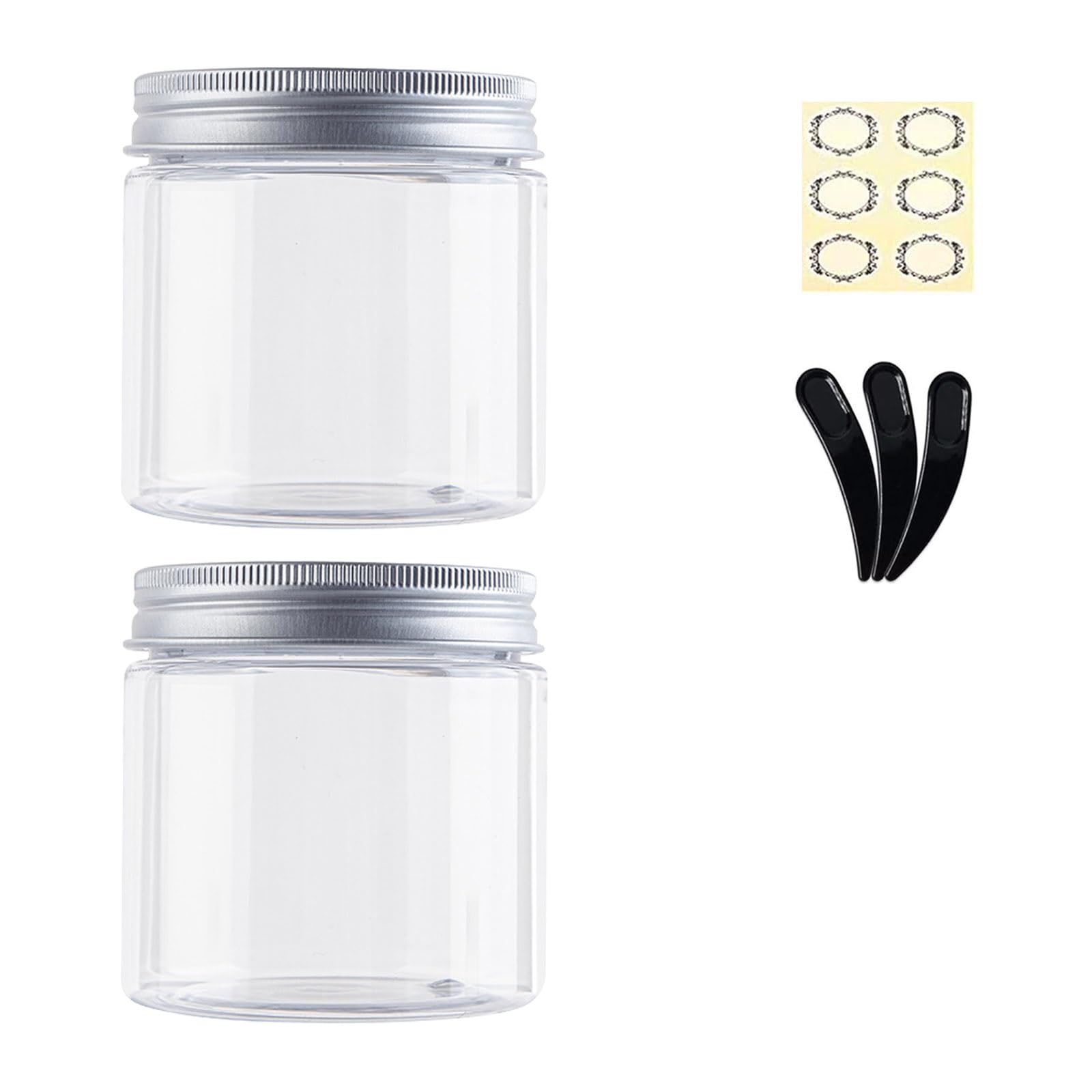 Alledomain 250ML Empty Plastic Container Set - 2 Clear Round Cosmetic Jars with Inner Liners & Aluminum Alloy Lids for Storing Lip, Body Scrub, Lotion, Powder, Ointment, Makeup