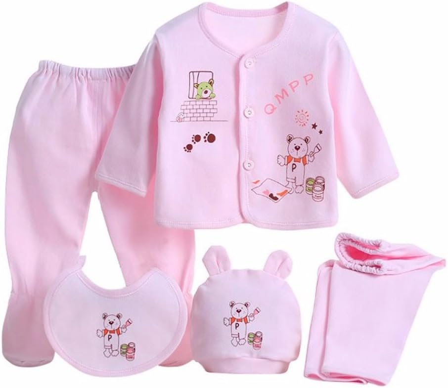 5PCS Newborn 0-3M Boys Girls Baby Cotton Clothes Tops Hat Pants Suit Outfit Sets OneSize