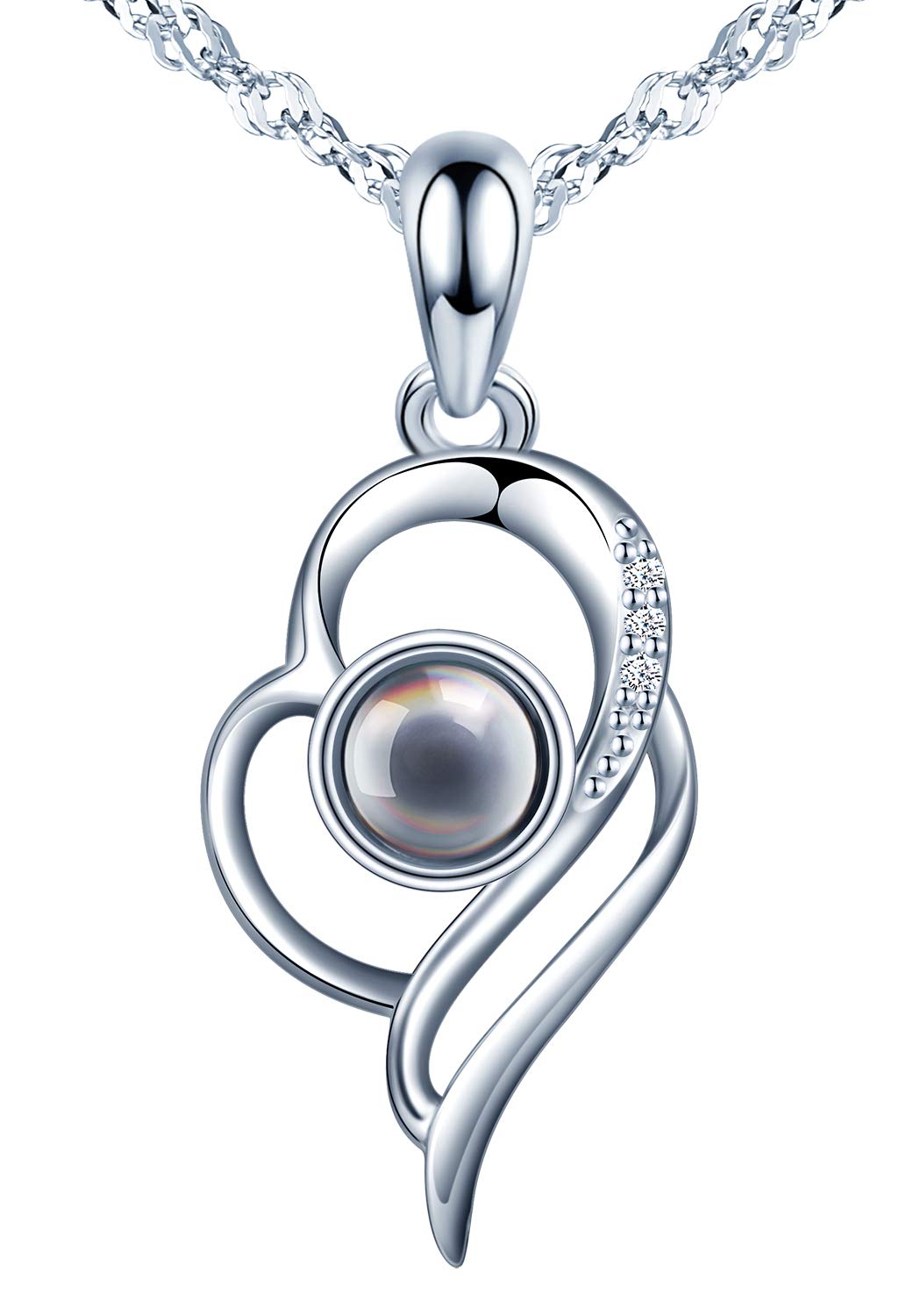 CPSLOVE Creative heart 999 sterling silver Necklace, Women's Girl's Necklace Pendant, Black Nano Stone with 100 languages "I love you" projection, Diamond necklace