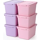 Potchen 6 Pack Cute Plastic Storage Bins with Snap Tight Lids Small Stackable Storage Boxes 9.8" ×7.3" ×5.7" Storing Totes for Organizing Craft Office Supplies (Pink,Purple)