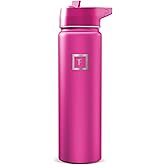 IRON °FLASK Camping & Hiking Hydration Flask with Straw, Wide Mouth Insulated Stainless Steel Sports Water Bottle - Pink Tulip 24 oz - Straw (1 Lid)