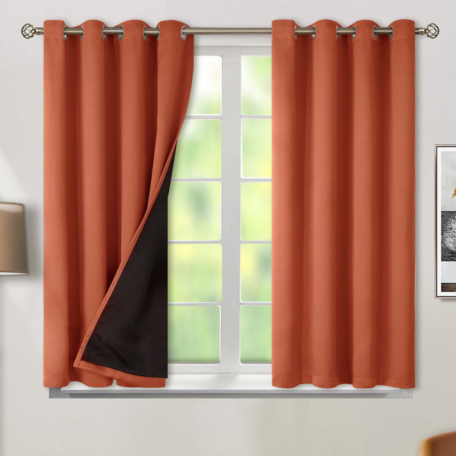 BGment Thermal Insulated 100% Blackout Curtains 45 Inch Length 2 Panels, Total Light Blocking Curtains for Bedroom, Grommet Window Drapes with Thick Black Liner, 52 Inch Wide Each Panel, Terracotta Image