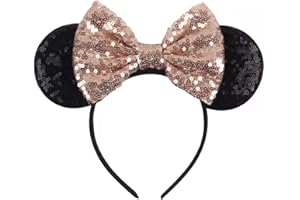 Seamoy Sequin Rose Gold Minnie Headband with Mouse Ears and Bow, Sparkle Park Princess Ears for Women Girls (Gold Bow and Black)