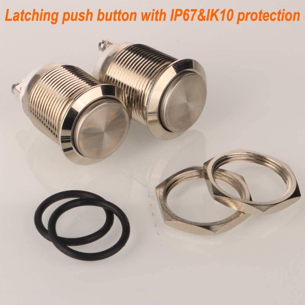 Gebildet 2pcs 19mm 12V/24V/125V/250V/5A Latching Push Button Switch Screw Type Terminals Stainless Steel Metal Waterproof Switch(High Head) - Image 5
