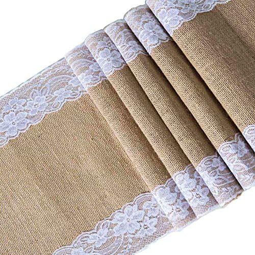 ARKSU Burlap Table Runner with White Lace Trim,12 by 120 inch No-fray Jute Hessian Vintage Rustic Natural Wedding Christmas Country Outdoor Decor