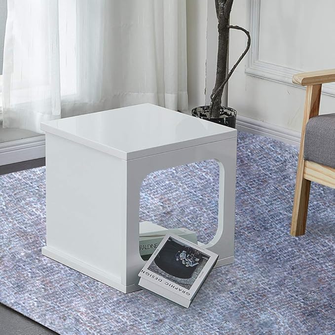 OFCASA Modern White High Gloss Coffee Table with Storage Cube Solid