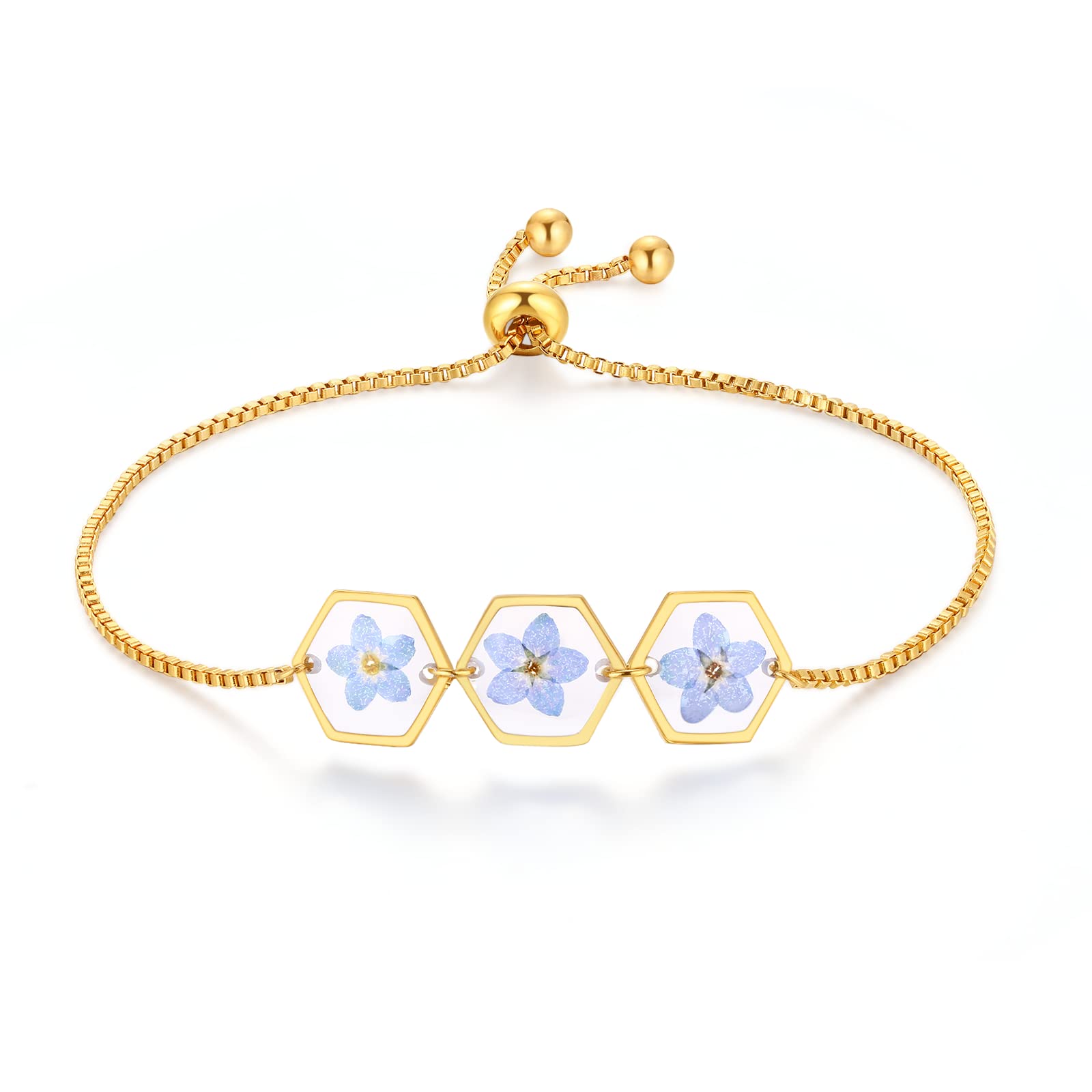 Photo 1 of AUNTESIGN Forget-Me-Not Pressed Wildflower Bracelet | Personalized Handmade | Real Wildflowers Jewelry | Alaska State Flower Jewelry | Gold Pressed Flower Bracelet | Gift For Her