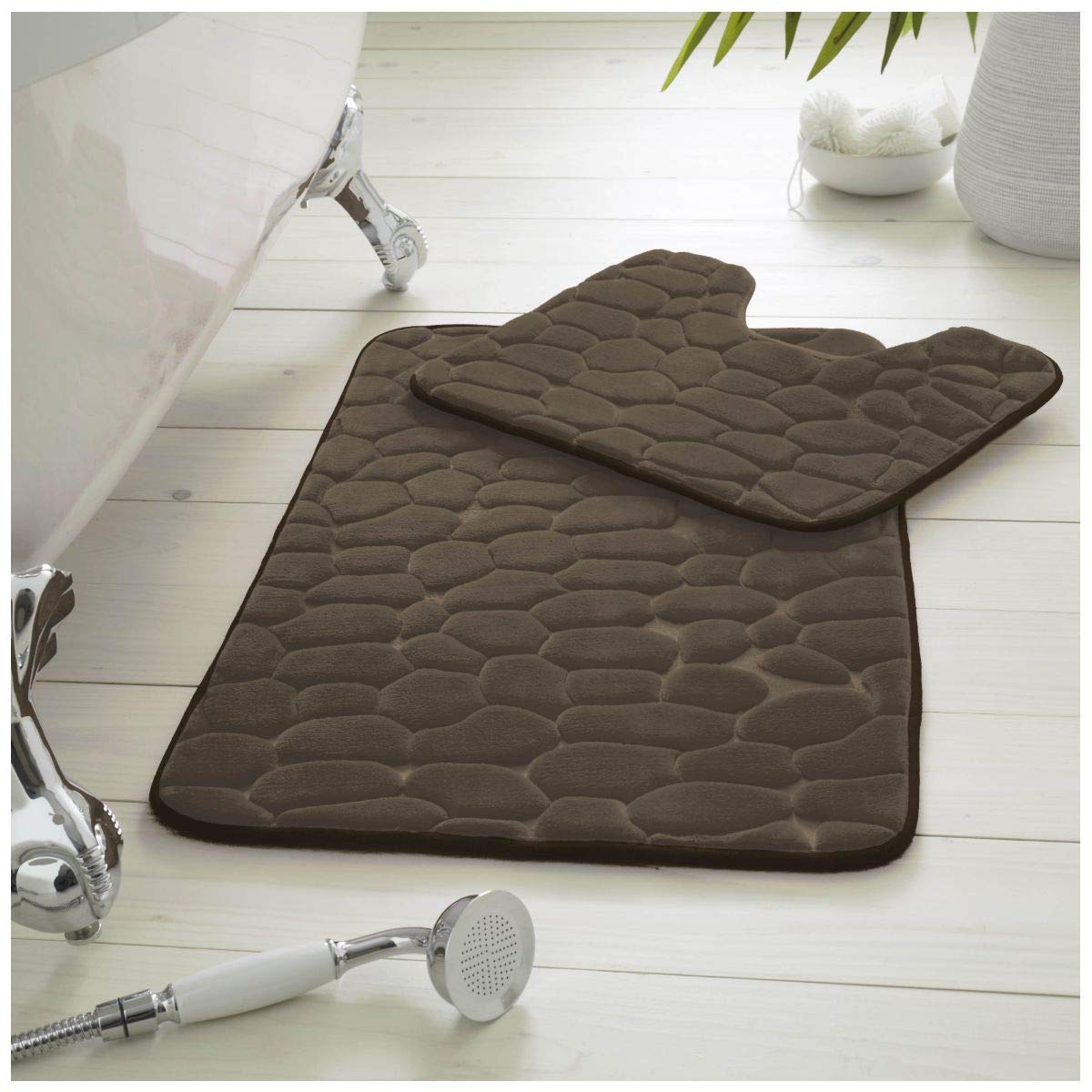 GC GAVENO CAVAILIA Premium 2 Piece Pebble Bath Mat Non Slip Pedestal Set, Extra Absorbent 100% Memory Foam Bathroom Toilet Rug, Regular (50x80, 50x40 cm), Natural
