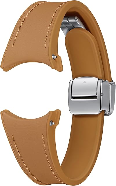 Samsung D-Buckle Hybrid Eco-Leather Band (Slim, S/M) ET-SHR93 für die Galaxy Watch6, Uhrenarmband, Original Armband, D-Buckle, Lederimitat, Fluorkautschuk, anpassbare Faltschließe, elegant, Camel