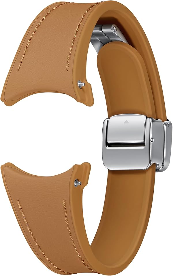 Samsung D-Buckle Hybrid Eco-Leather Band (Slim, S/M) ET-SHR93 für die Galaxy Watch6, Uhrenarmband, Original Armband, D-Buckle, Lederimitat, Fluorkautschuk, anpassbare Faltschließe, elegant, Camel