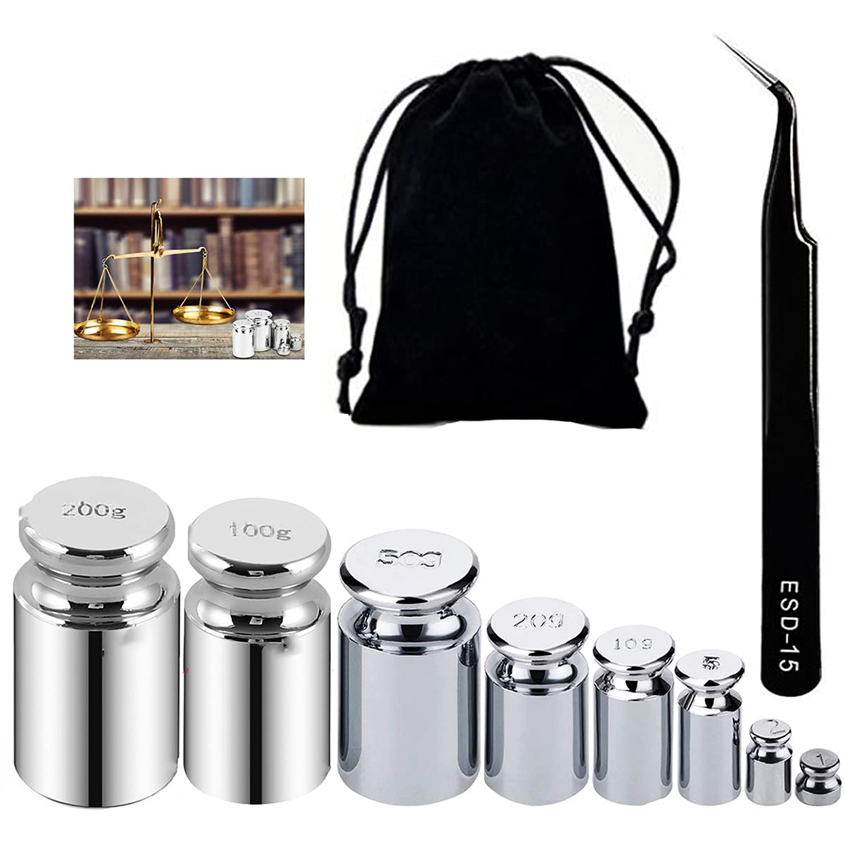 Biluer Kit of Steel Calibration Weight Balance Scale Calibration Digital Jewellery Scale 1g 2g 5g 10g 20g 50g 100g 200g with 1 Tweezer and 1 Bag For Pocket Jewelry Kitchen Scale Science Lab