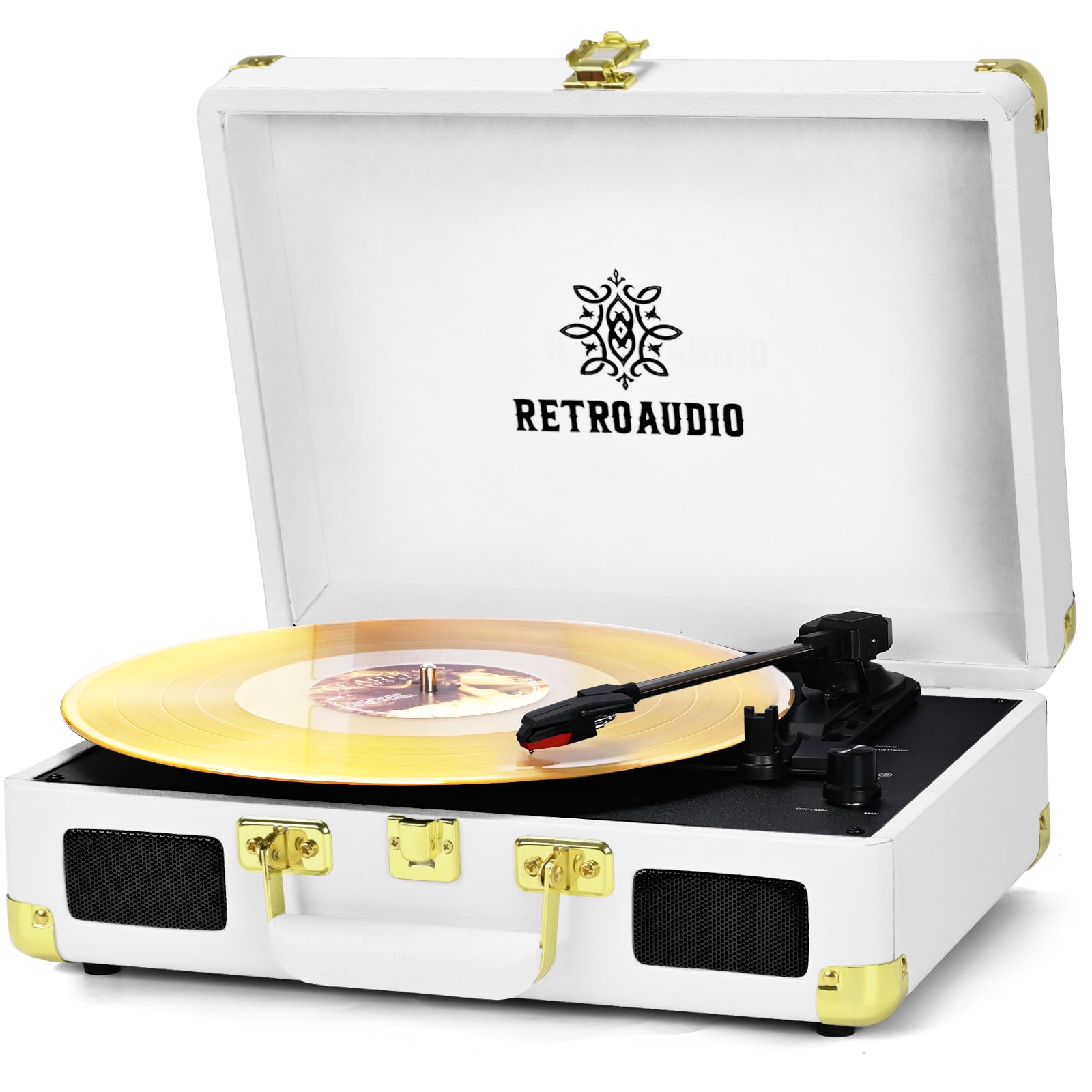 Photo 1 of Vinyl Record Player 3-Speed Bluetooth Portable Suitcase Belt-Driven Record Player with 2 Built-in Stereo Speakers Vinyl Vintage Turntable Phonograph Records Player with RCA Line Out, AUX Out (White)