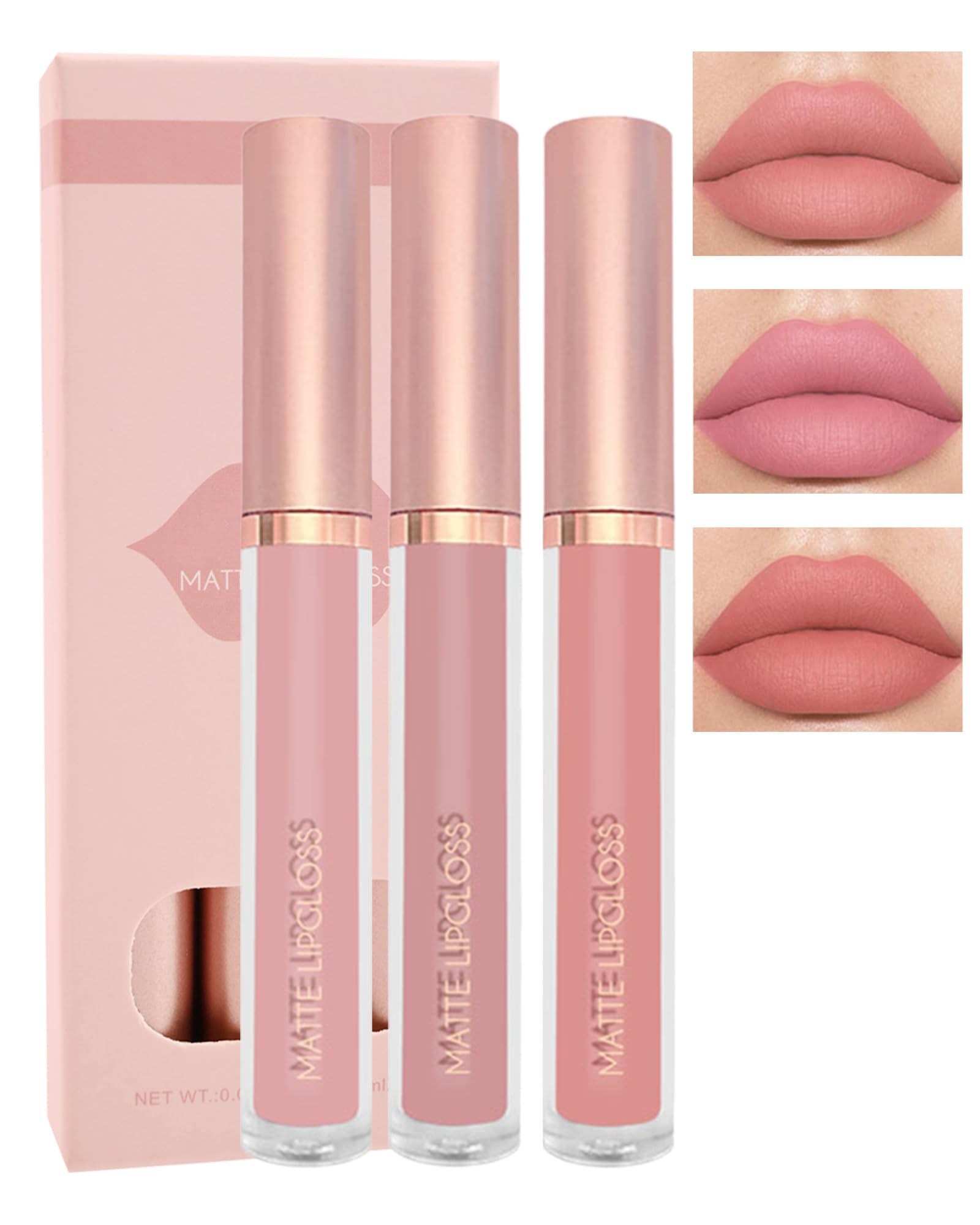Matte Liquid Lip Gloss Set-3Pcs High Pigmented Lip Stain Tint, Long Lasting 24H Red Lipstick Waterproof Non-Stick Cup Velvet Lip Gloss, Smudge Proof Not Fade Lip Blam Makeup Gift Box for Women-Set a