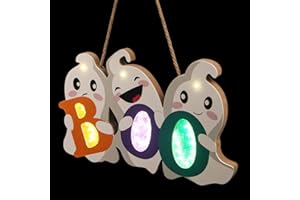 FINGOOO Halloween Door Decor Hanging Sign, BOO Ghost Halloween Door Hanger with Light for Front Door Decorations Outdoor