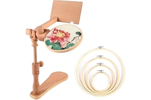 GeryVtee Embroidery Hoop Stand 360°Adjustable Sitting Cross Stitch Stand Easy to Use Wooden Embroidery Hoop Holder with 4 Pcs Embroidery Hoops Rotated for Embroidery Projects