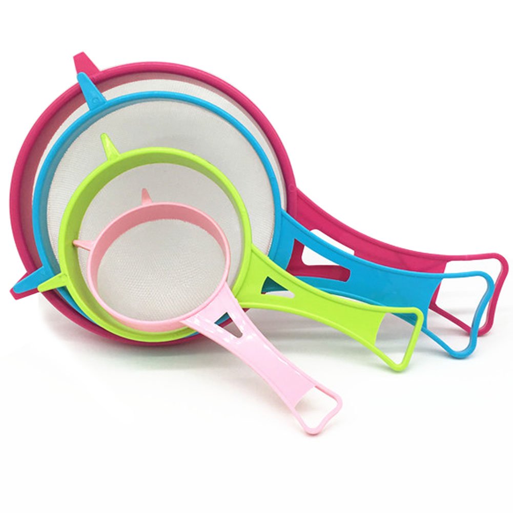 Photo 1 of **2 ARE DAMAGED** 4Pcs Plastic Mesh Strainer Colander Set, Food Soy Milk Flour Sieve Long Handle Sieve Strainer Icing Sugar Sifters Fine Strainer Tea Filter
