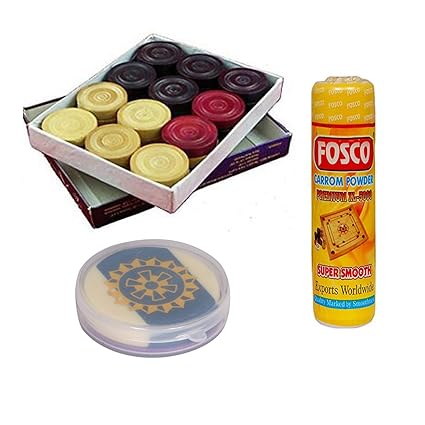 Optimus Premium Carrom Combo P - 250 gm Disco Carrom Powder 1 Set Wooden Carrom-Men Coins & 1 Acrylic Striker