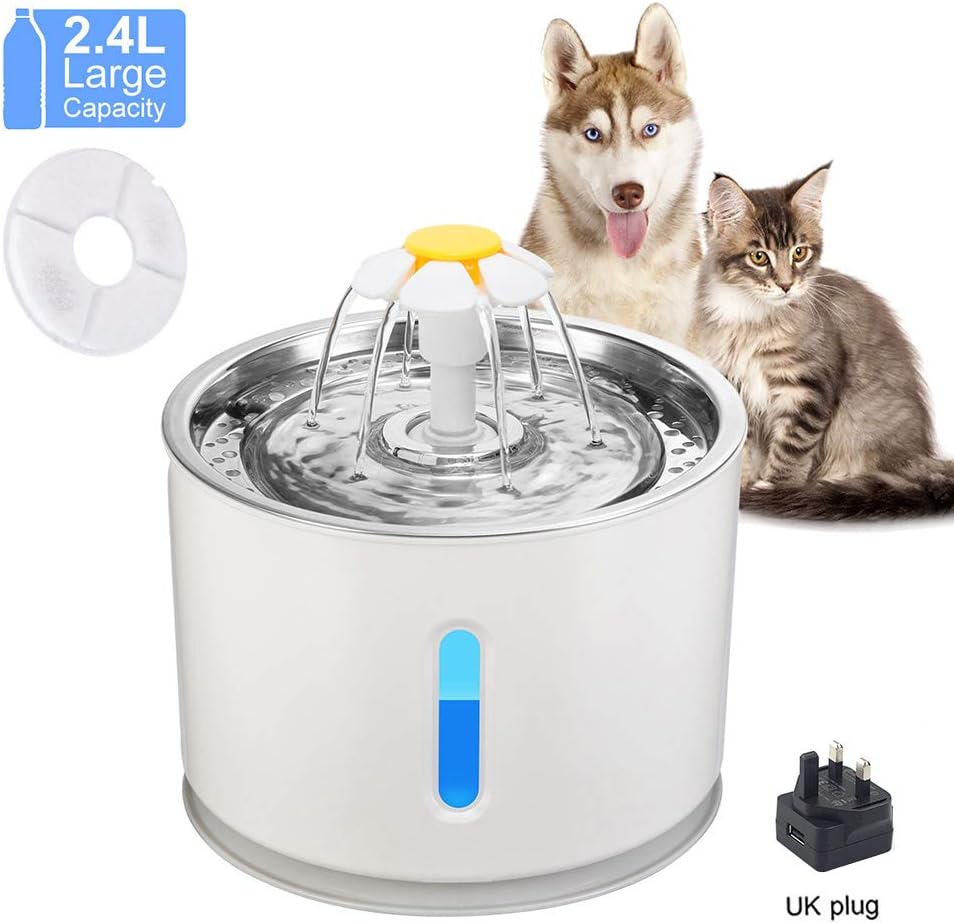 Cat Water Fountain, Ultra Quiet Water Level Window with LED Light, Stainless Steel Top 2.4L Water Drinking Fountain Pet Dispenser Water Fountain USB Cable