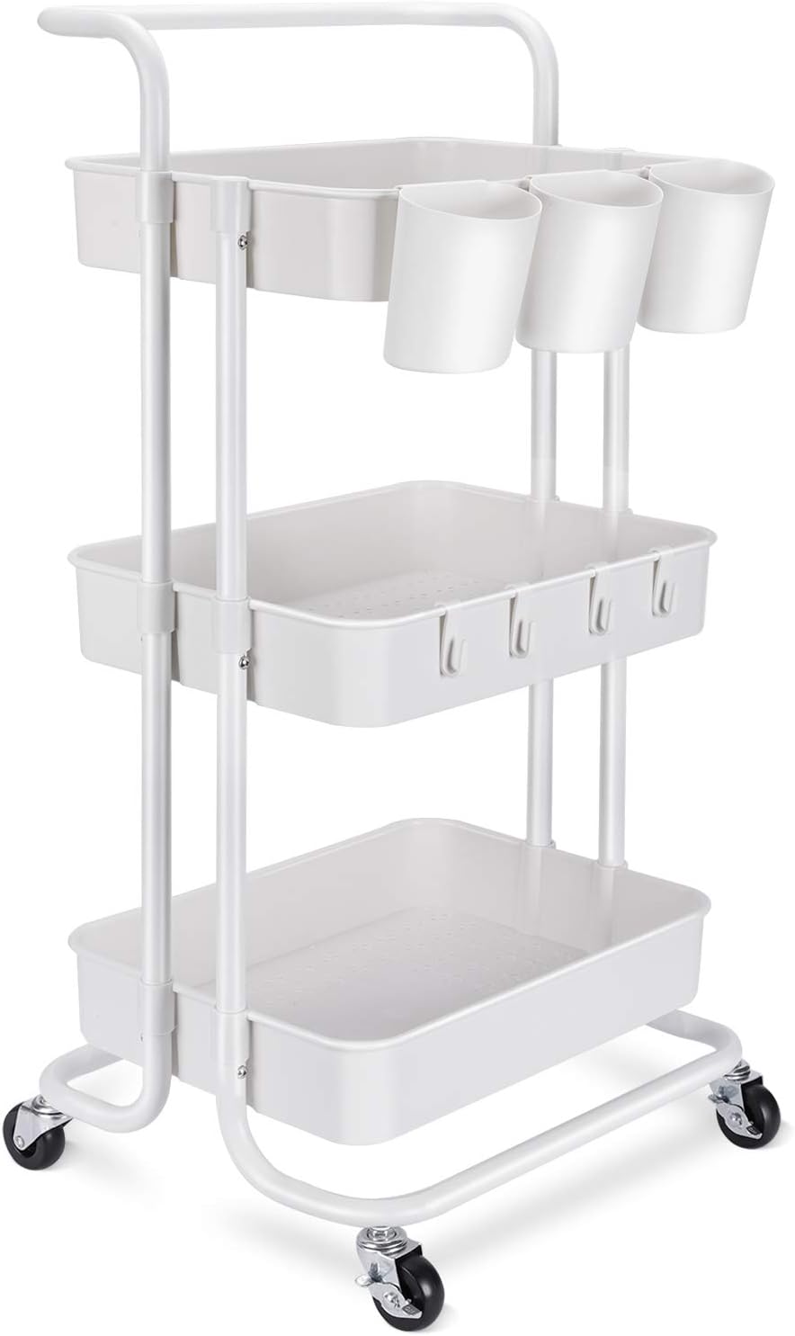 LEHOM 3-Tier Rolling Utility Cart with Hanging Cups & Hooks & Handle, Multifunctional Art Cart Organizer Storage with Wheels, Easy Assembly for Office, Bedroom, Kitchen, Bathroom, Laundry (White) : Office Products