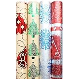 Premium Christmas Holiday Wrapping Paper Rolls - Pack of 4 Rolls 65SQFT Hot Stamp Christmas Ornaments and Tress on Kraft Metallized Snowflake and Trees
